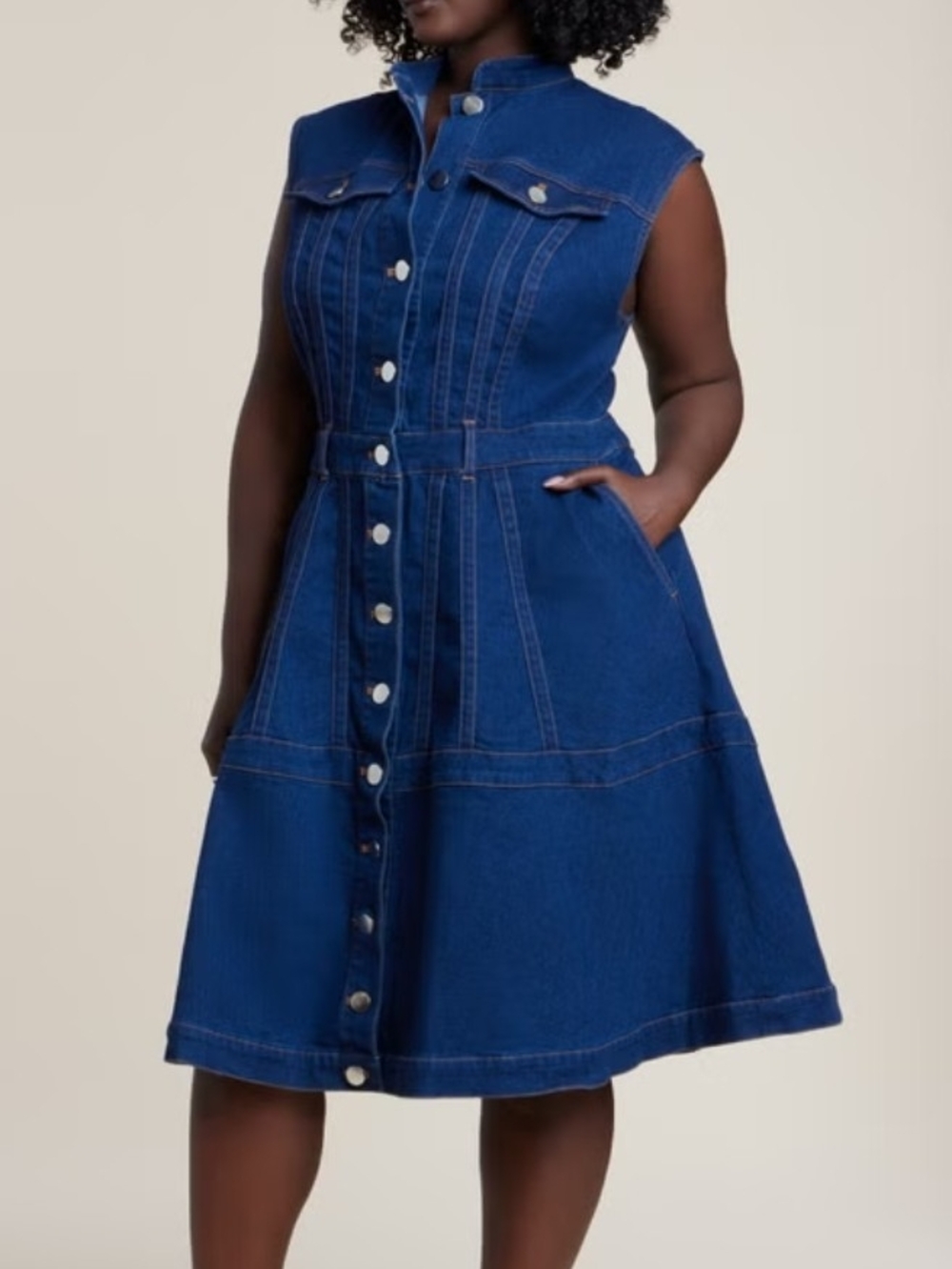 Eloquii Dark Blue Sleeveless Denim Button-Front Dress - Picture 3 of 4